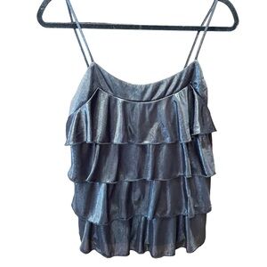Ruffle tiered‎ black/silver shimmery tank top, size medium